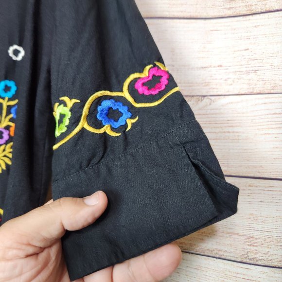 Linea by Louis Dell'Olio Embroidered Bohemian Womens Button Front Black Top L - Picture 7 of 15